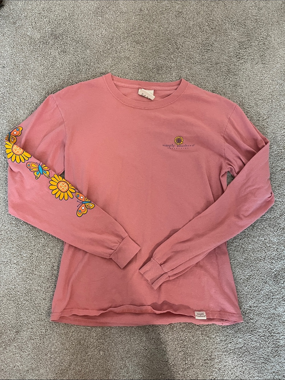 Simply Southern Dusty Pink Long Sleeve Tee with Yellow Floral Sleeve